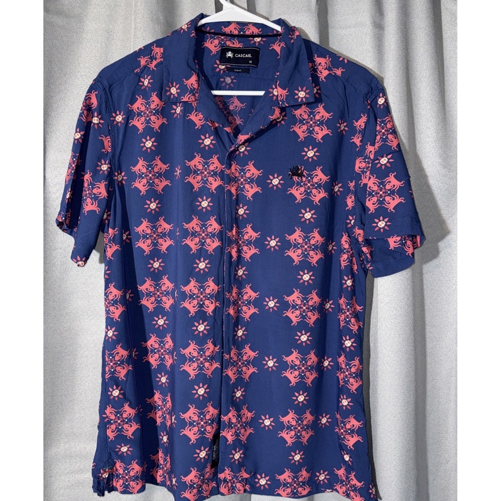 Cascais Portugal Men's Slim Fit Blue Button Up Viscose Shirt Octopus Print Sz M
